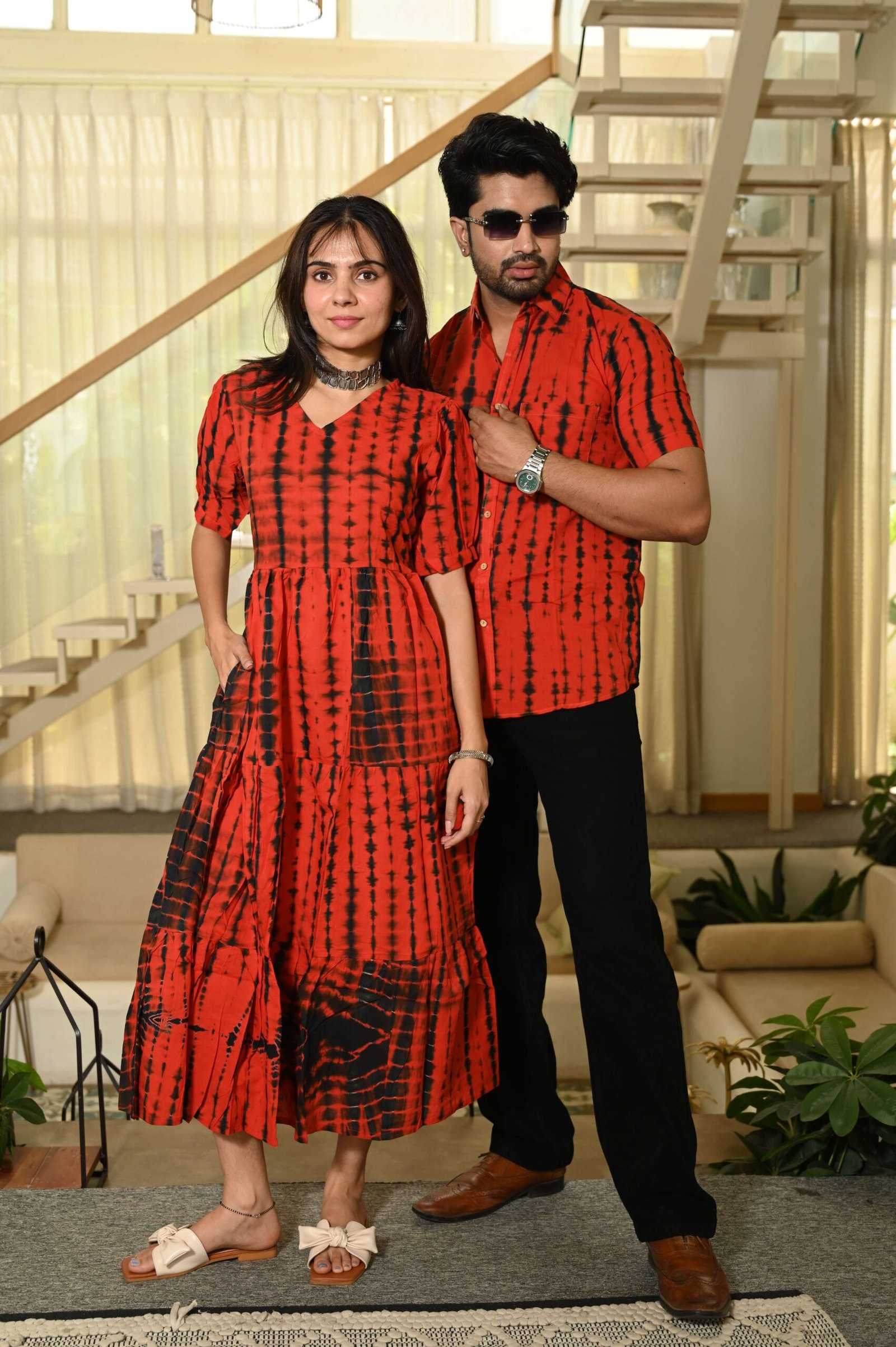 Couple Matching Red Printed Cotton Anarkali Midi Dress & Shirt Set ? Summer Casual Wear - Image 3